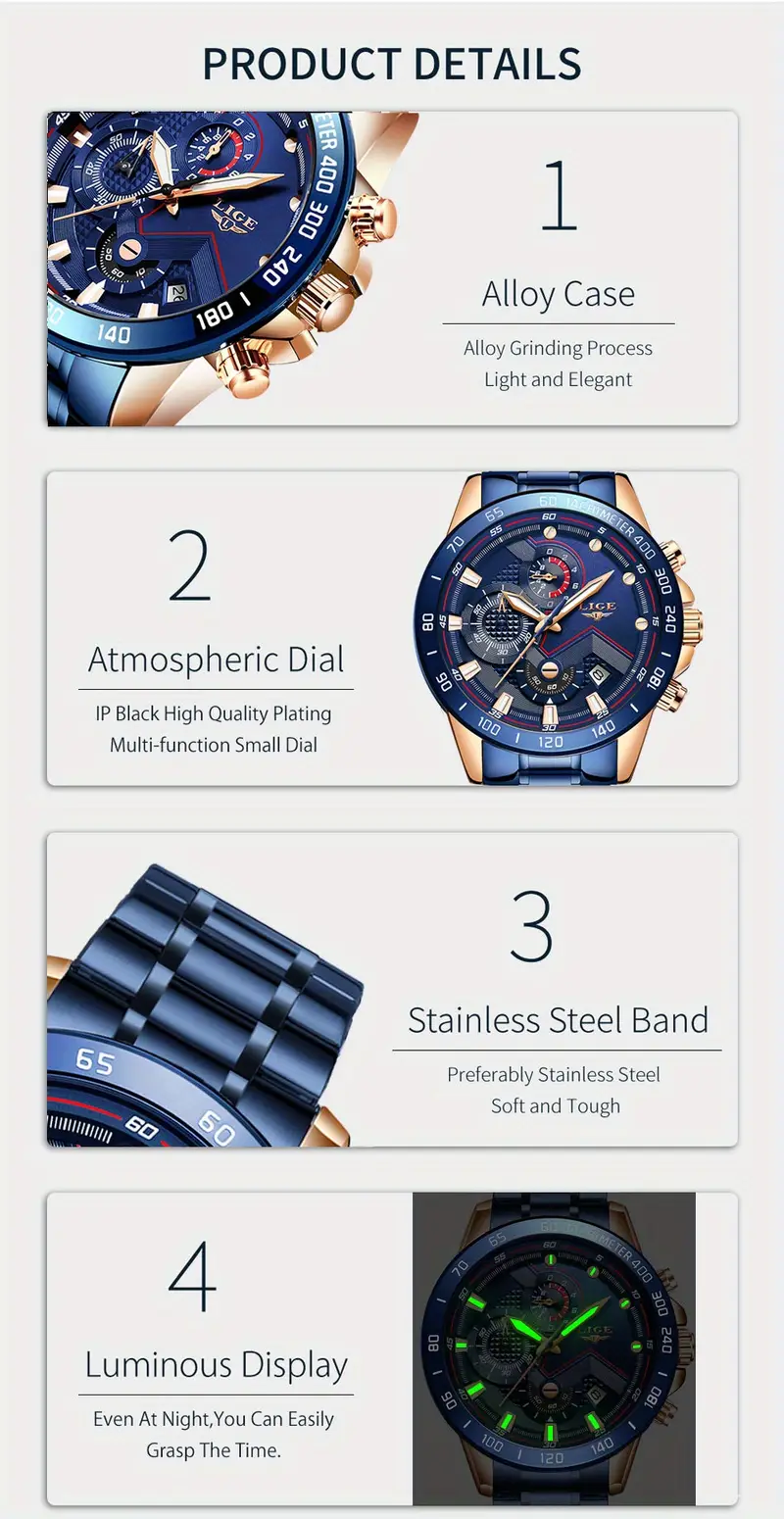 Lige メンズ腕時計トップブランドの高級ステンレス鋼ブルー防水